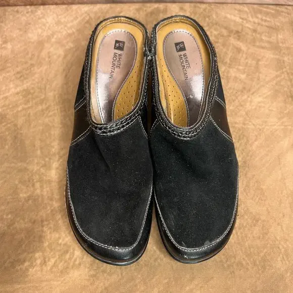 White Mountain Wedge Heel Suede Leather Clog Mules Black Slip On Gothic Peasant - Picture 2 of 10